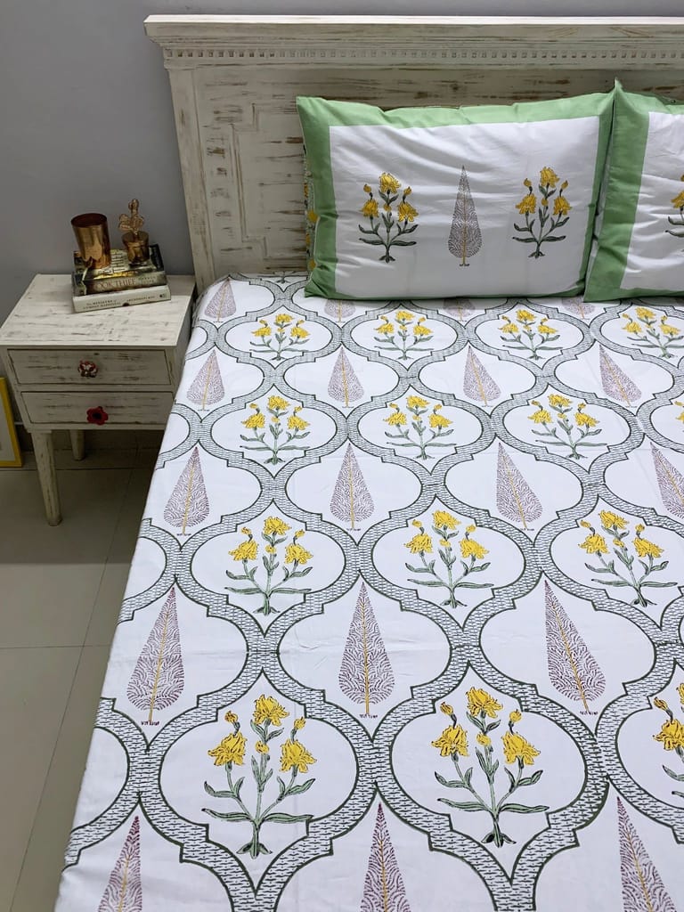 Gulbarg Premium Cotton Block Print King Size Bedsheet + 2 Pillow Covers (Green, Yellow & Off White)
