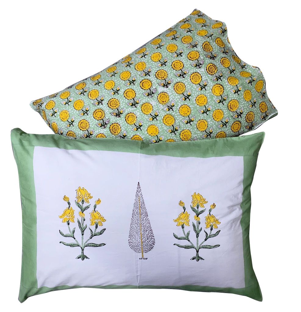 Gulbarg Premium Cotton Block Print King Size Bedsheet + 2 Pillow Covers (Green, Yellow & Off White)