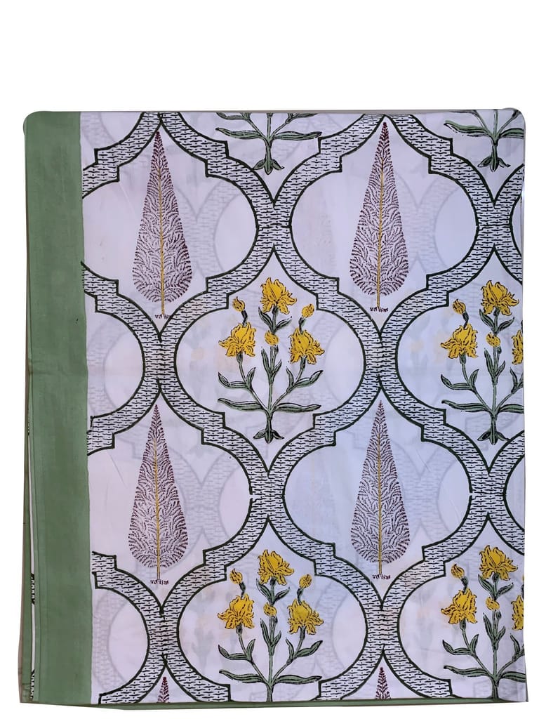 Gulbarg Premium Cotton Block Print King Size Bedsheet + 2 Pillow Covers (Green, Yellow & Off White)