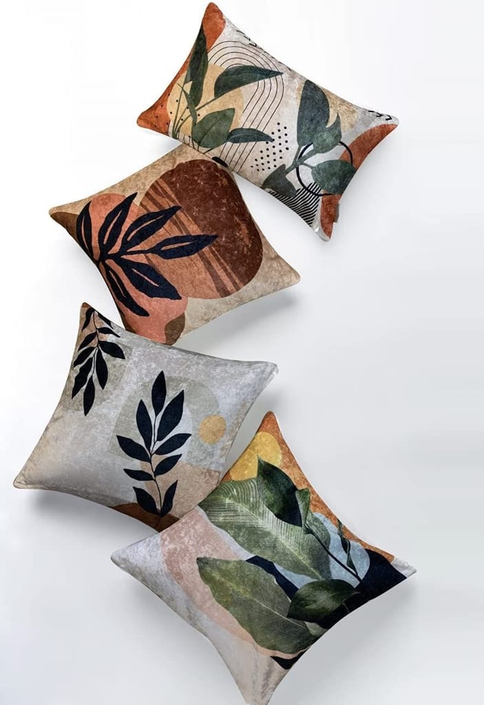 Twig Palm Crushed Velvet Cushion Cover (Multicolour, 20x20in (50cm x 50cm))