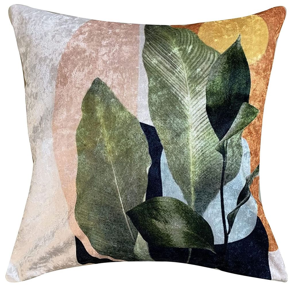 Twig Palm Crushed Velvet Cushion Cover (Multicolour, 20x20in (50cm x 50cm))