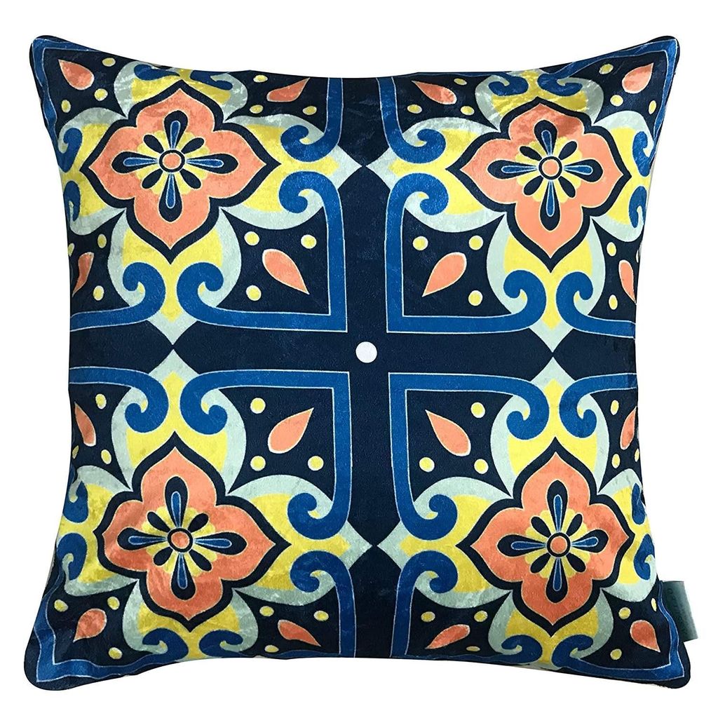 Moroccan 5 Velvet Cushion Cover Set (Blue, Red and White, 3-16 x 16 Inch, 2-18 x12 Inch)