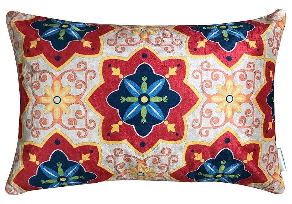 Moroccan 5 Velvet Cushion Cover Set (Blue, Red and White, 3-16 x 16 Inch, 2-18 x12 Inch)