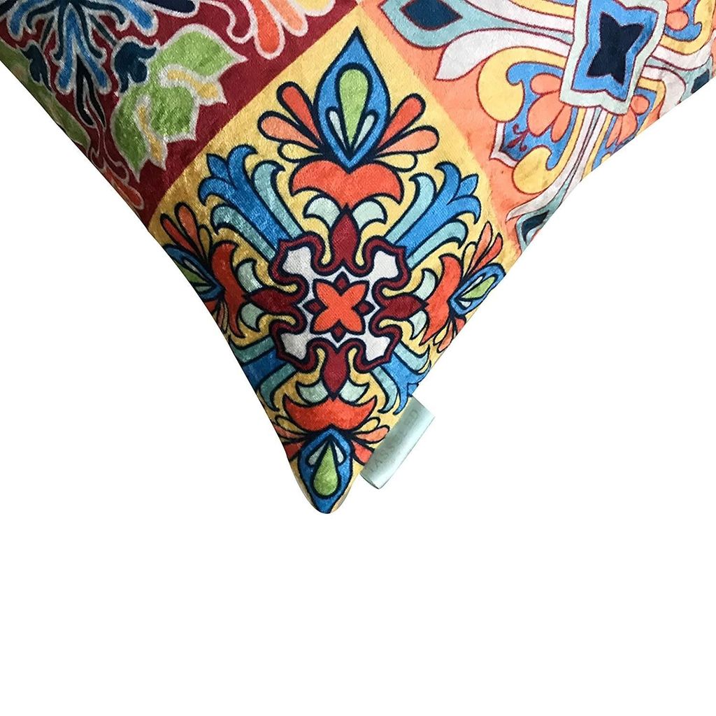 Moroccan 5 Velvet Cushion Cover Set (Blue, Red and White, 3-16 x 16 Inch, 2-18 x12 Inch)