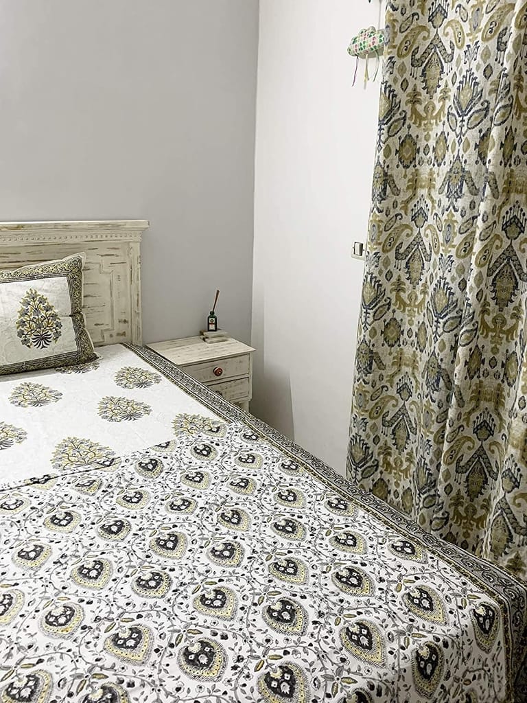 Heer 100% Cotton Hand Block Printed Grey & Mustard Dual Sided Bedding Set, King Size