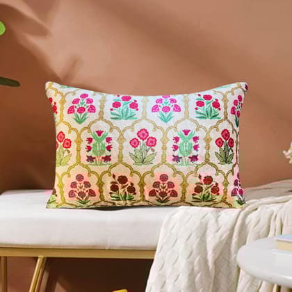 Mughal Boota Modern Chic Designer Velvet Cushion Cover 12x18 (Cream, Gold & Yellow)