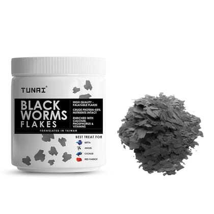 Tunai Black Worm Flakes with 55% Protein |50g| Supplement Treat, Boost Color and Fish Food for Betta, Angel, Cichlids, Red Parrot, Discus, Gold Fish, Flowerhorn, & Guppies