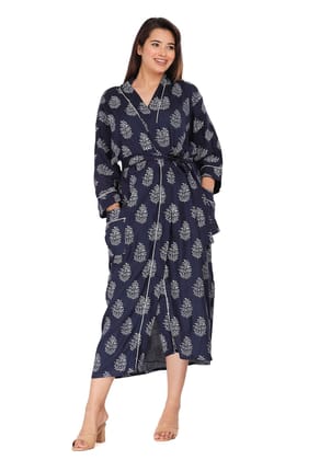 SHOOLIN Printed Kimono Robe Long Bathrobe for Women| Women Cotton Kimono Robe Long - Floral| 3/4 Sleeve Kimono for Women Dark Blue