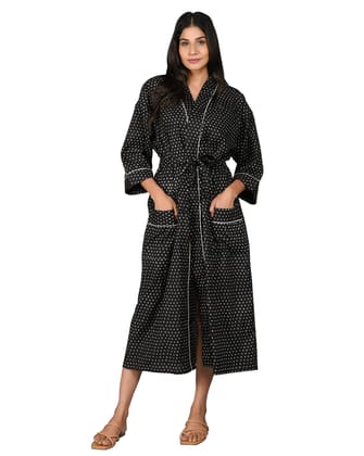 SHOOLIN Printed Kimono Robe Long Bathrobe For Women| Women Cotton Kimono Robe Long - Floral| 3/4 Sleeve Kimono For Women (Black)