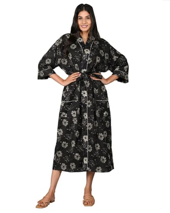 SHOOLIN Printed Kimono Robe Long Bathrobe for Women| Women Cotton Kimono Robe Long Floral| 3/4 Sleeve Kimono for Women (Black)