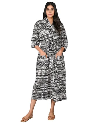 SHOOLIN Printed Kimono Robe Long Bathrobe for Women| Women Cotton Kimono Robe Long | 3/4 Sleeve Kimono for Women (Black)