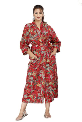 SHOOLIN Floral Pattern Kimono Robe Long Bathrobe For Women ||Women's Cotton Kimono Robe Long - Floral || 3/4 Sleeve Kimono For Women's (Red Floral)