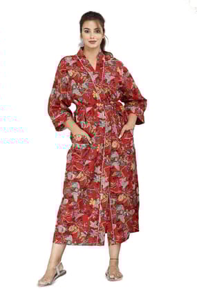 SHOOLIN Floral Pattern Kimono Robe Long Bathrobe For Women ||Women's Cotton Kimono Robe Long - Floral || 3/4 Sleeve Kimono For Women's (Red Floral)