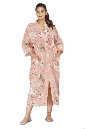 SHOOLIN Floral Printed Kimono Robe Long Bathrobe For Women || 3/4 Sleeve And Calf Length Kimono For Women (Pink)