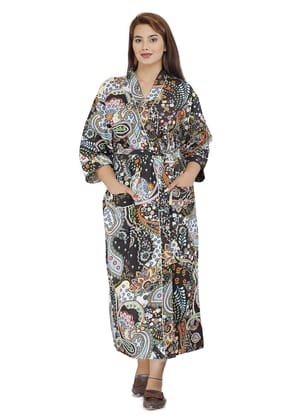 SHOOLIN Floral Pattern Kimono Robe Long Bathrobe For Women ||Women's Cotton Kimono Robe Long - Floral ||3/4 Sleeve And Calf Length Kimono For Women's (Multicolor Design 2)