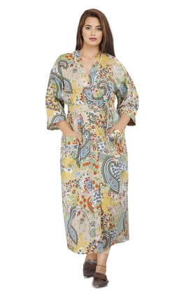 SHOOLIN Floral Pattern Kimono Robe Long Bathrobe For Women ||Women's Cotton Kimono Robe Long - Floral ||3/4 Sleeve And Calf Length Kimono For Women's (Multicolor)