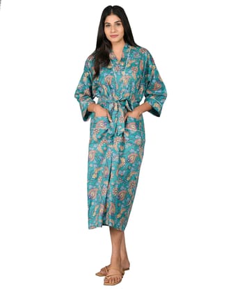 SHOOLIN Printed Kimono Robe Long Bathrobe For Women| Women Cotton Kimono Robe Long - Floral| 3/4 Sleeve Kimono For Women (Green)