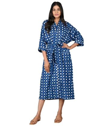 SHOOLIN Printed Blue Kimono Robe Long Bathrobe for Women| Women Cotton Kimono Robe Long - Floral| 3/4 Sleeve Kimono for Women