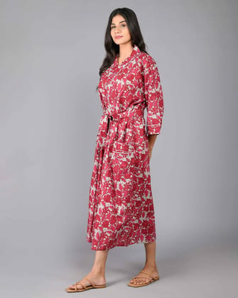 SHOOLIN Printed Kimono Robe Long Bathrobe for Women| Women Cotton Kimono Robe Long - Floral| 3/4 Sleeve Kimono for Women, Red