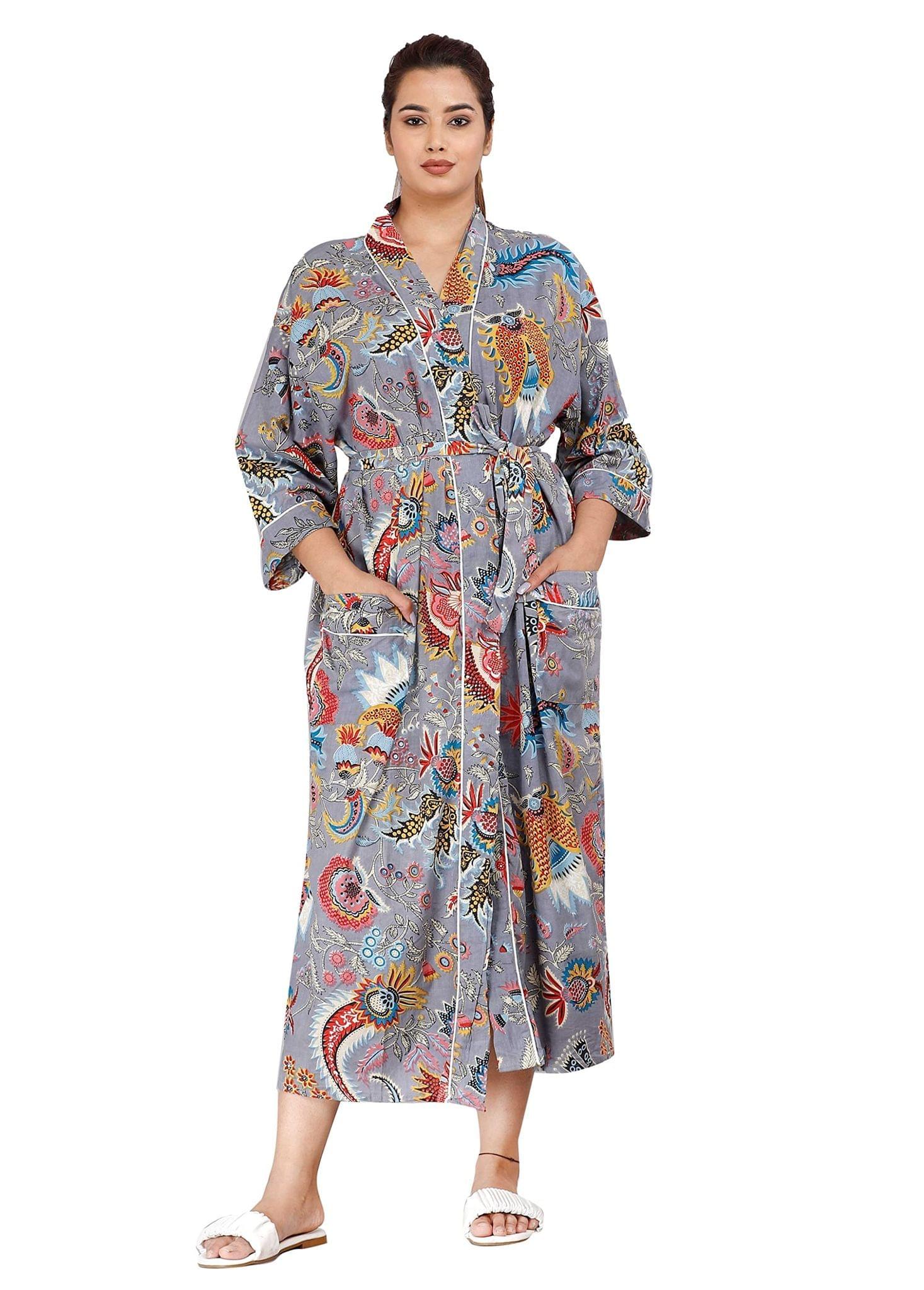 SHOOLIN Floral Pattern Kimono Robe Long Bathrobe For Women | 3/4 Sleeve And Calf Length Kimono For Women's | Beach Wear