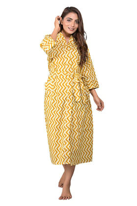 SHOOLIN Zig Zag Pattern Kimono Robe Long Bathrobe For Women (Mustard)