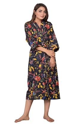 SHOOLIN Floral Pattern Kimono Robe Long Bathrobe For Women (Black)