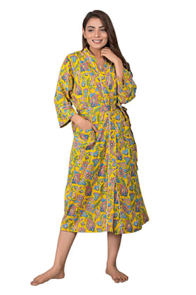 SHOOLIN Floral Pattern Kimono Robe Long Bathrobe For Women (Yellow)