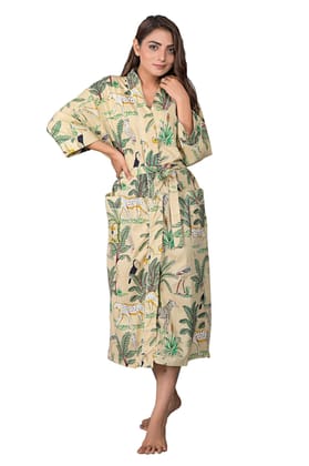 SHOOLIN Jungle Pattern Kimono Robe Long Bathrobe For Women (Beige)