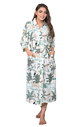 SHOOLIN Jungle Pattern Kimono Robe Long Bathrobe For Women (White)