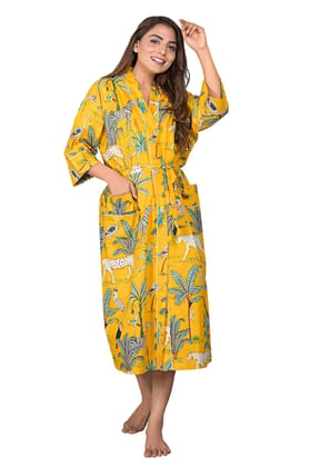 SHOOLIN Jungle Pattern Kimono Robe Long Bathrobe For Women (Mustard)