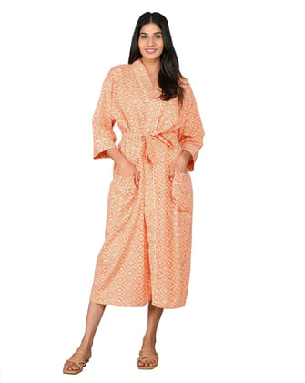 SHOOLIN Printed Kimono Robe Long Bathrobe For Women| Women Cotton Kimono Robe Long - Floral| 3/4 Sleeve Kimono For Women (Orange)