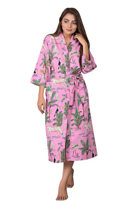SHOOLIN Jungle Pattern Kimono Robe Long Bathrobe For Women (Pink)