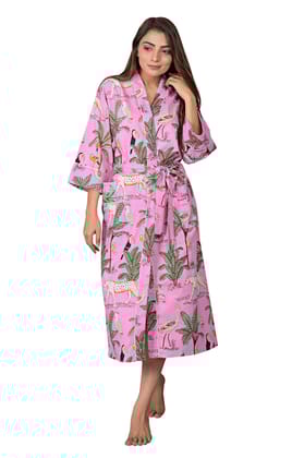 SHOOLIN Jungle Pattern Kimono Robe Long Bathrobe For Women (Pink)
