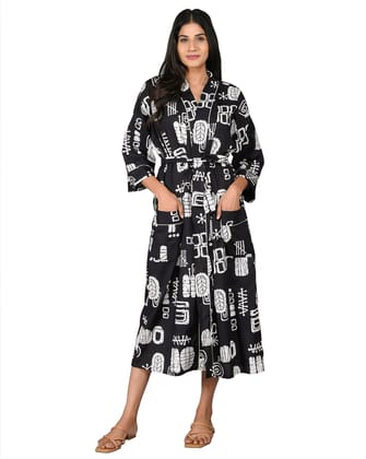 SHOOLIN Printed Kimono Robe Long Bathrobe For Women| Women Cotton Kimono Robe Long - Floral| 3/4 Sleeve Kimono For Women, Black Pack of 1