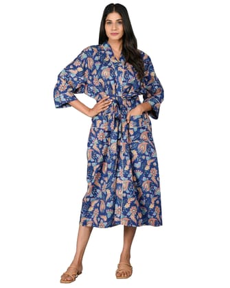 SHOOLIN Printed Kimono Robe Long Bathrobe For Women| Women Cotton Kimono Robe Long - Floral| 3/4 Sleeve Kimono For Women (Blue) Pack of 1