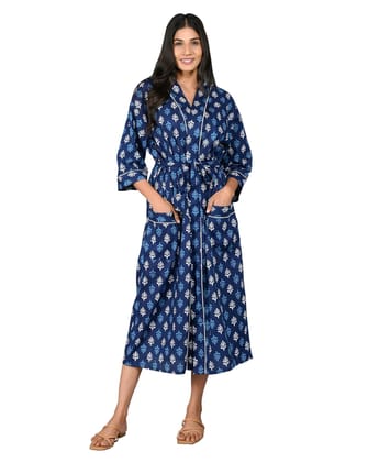 SHOOLIN Printed Blue Kimono Robe Long Bathrobe For Women| Women Cotton Kimono Robe Long - Floral| 3/4 Sleeve Kimono For Women, (Blue)