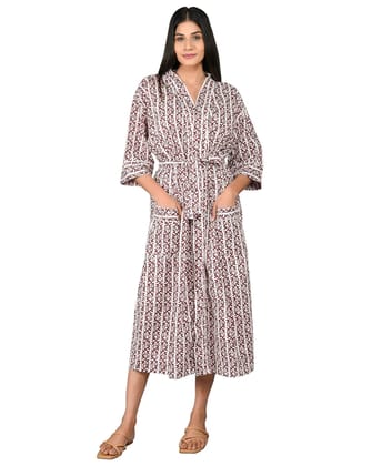 SHOOLIN Printed Kimono Robe Long Bathrobe For Women| Women Cotton Kimono Robe Long - Floral| 3/4 Sleeve Kimono For Women (Maroon)