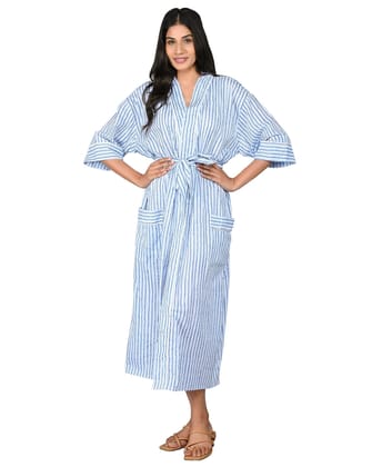 SHOOLIN Printed Kimono Robe Long Bathrobe for Women| Women Cotton Kimono Robe Long - Floral| 3/4 Sleeve Kimono for Women (Blue)