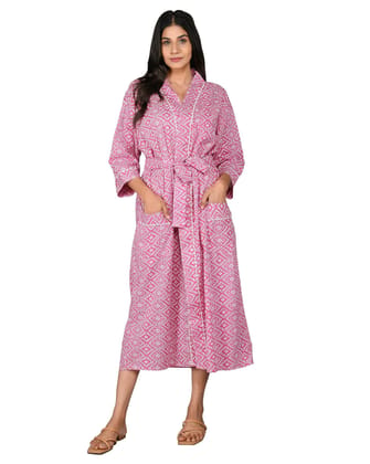 SHOOLIN Printed Pink Kimono Robe Long Bathrobe For Women| Women Cotton Kimono Robe Long - Floral| 3/4 Sleeve Kimono For Women, Pink