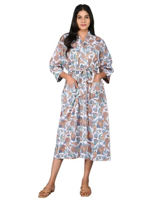 SHOOLIN Printed Multicolor Kimono Robe Long Bathrobe For Women| Women Cotton Kimono Robe Long - Floral| 3/4 Sleeve Kimono For Women