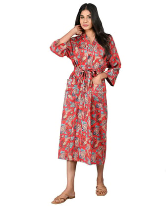 SHOOLIN Printed Kimono Robe Long Bathrobe for Women| Women Cotton Kimono Robe Long - Floral| 3/4 Sleeve Kimono for Women (Red)