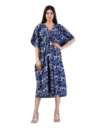 SHOOLIN Blue Cotton Kaftan Printed Midi Dress