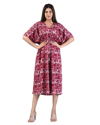 SHOOLIN Red Cotton Kaftan Printed Midi Dress