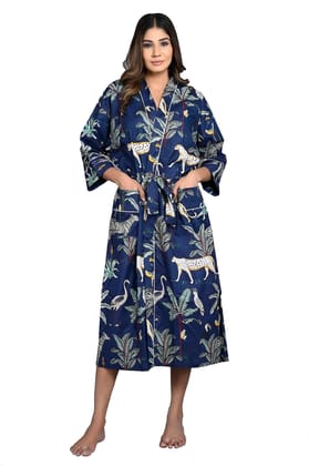 SHOOLIN Navy Blue Pure Cotton Printed Kimono Nightdress for Women