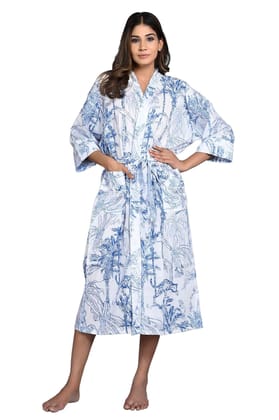 SHOOLIN Blue and White Pure Cotton Printed Kimono Nightdress for Women