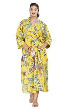 SHOOLIN Cotton Printed Kimono Robe Long Bathrobe For Women || 3/4 Sleeve And Calf Length Kimono For Women (Yellow)