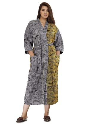 SHOOLIN Floral Pattern Kimono Robe Long Bathrobe For Women ||Women's Cotton Kimono Robe Long - Floral ||3/4 Sleeve And Calf Length Kimono For Women's (Grey & Yellow)