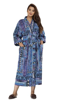 SHOOLIN Floral Pattern Kimono Robe Long Bathrobe For Women ||Women's Cotton Kimono Robe Long - Floral ||3/4 Sleeve And Calf Length Kimono For Women's (Navy Blue)