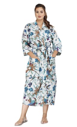 SHOOLIN Floral Pattern Kimono Robe Long Bathrobe For Women ||Women's Cotton Kimono Robe Long - Floral || 3/4 Sleeve Kimono For Women's (White & Blue Floral)