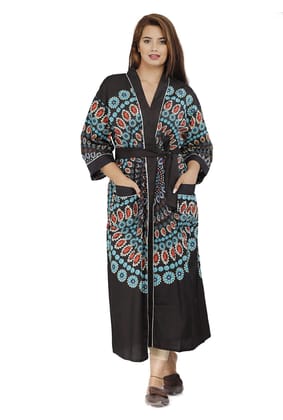 SHOOLIN Floral Pattern Kimono Robe Long Bathrobe For Women ||Women's Cotton Kimono Robe Long - Floral ||3/4 Sleeve And Calf Length Kimono For Women's (Black)